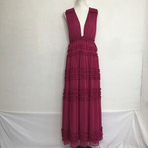 VICI WOMEN CHIC ELEGANT CRANBERRY PLUNGED NECK OPEN SIDES RUFFLE TIERED DRESS L